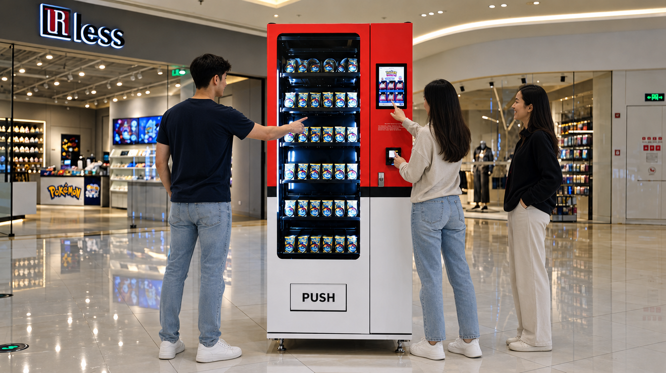Customers at a shopping mall interacting with The Chase Chest vending kiosk, viewing the touchscreen display