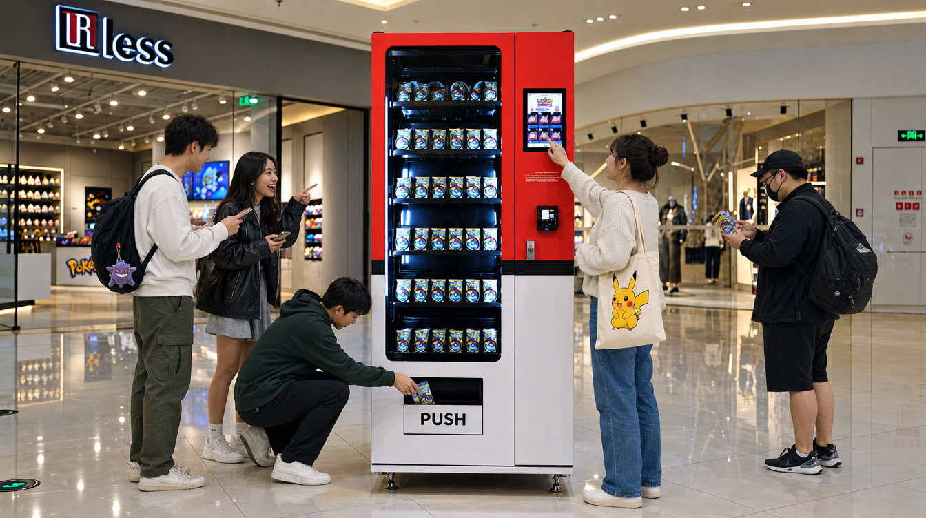 A group of customers retrieving and examining a trading card pack from The Chase Chest vending kiosk