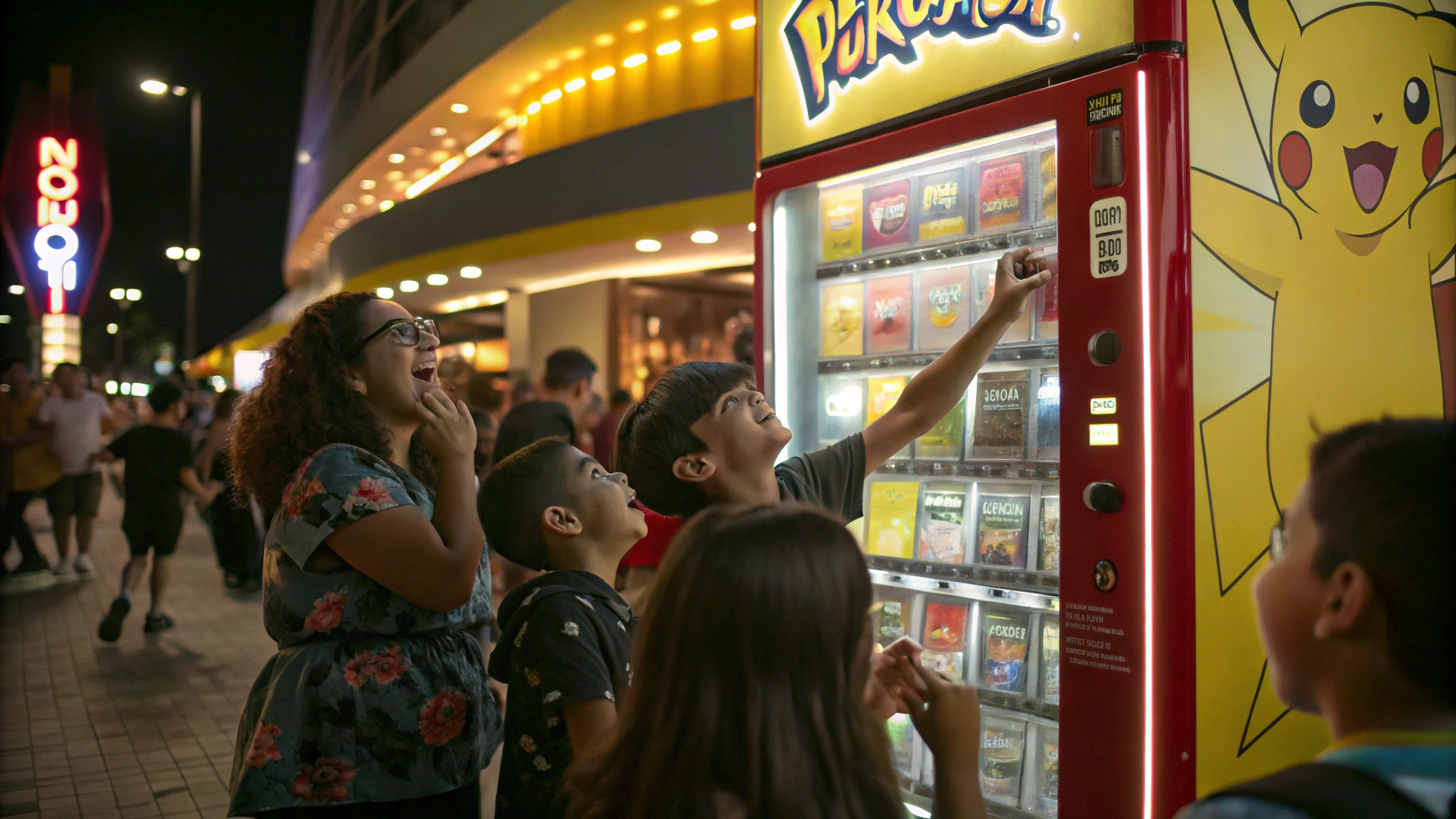 Customers interacting with The Chase Chest Poké Ball kiosk in a commercial venue